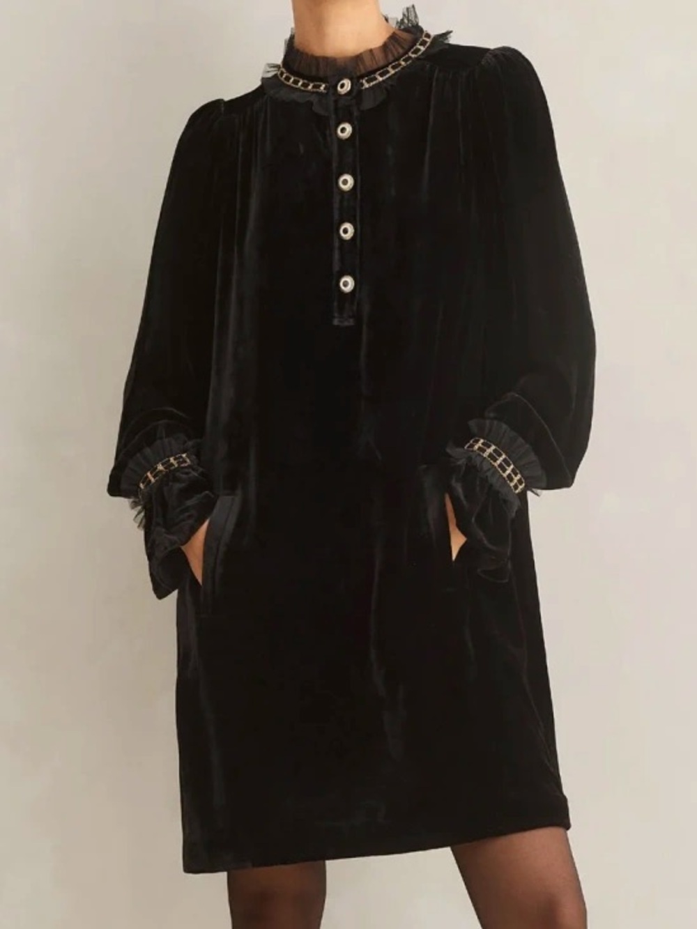 ME + EM silk blend velvet shift dress 12 xl gold buttons gothic chic victorian